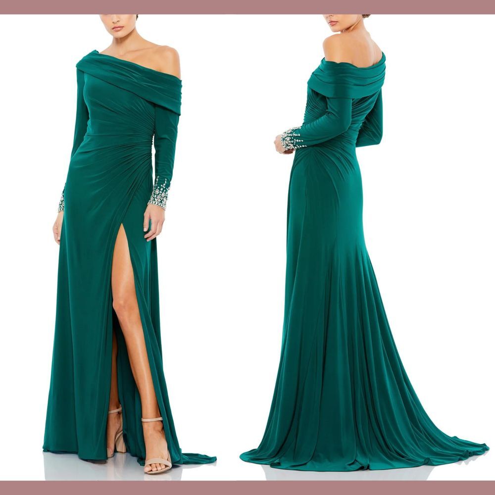 NWT$398 Mac Duggal [ 14 ] Beaded Cuff Drop Shoulder Faux Wrap Gown Emerald S1008